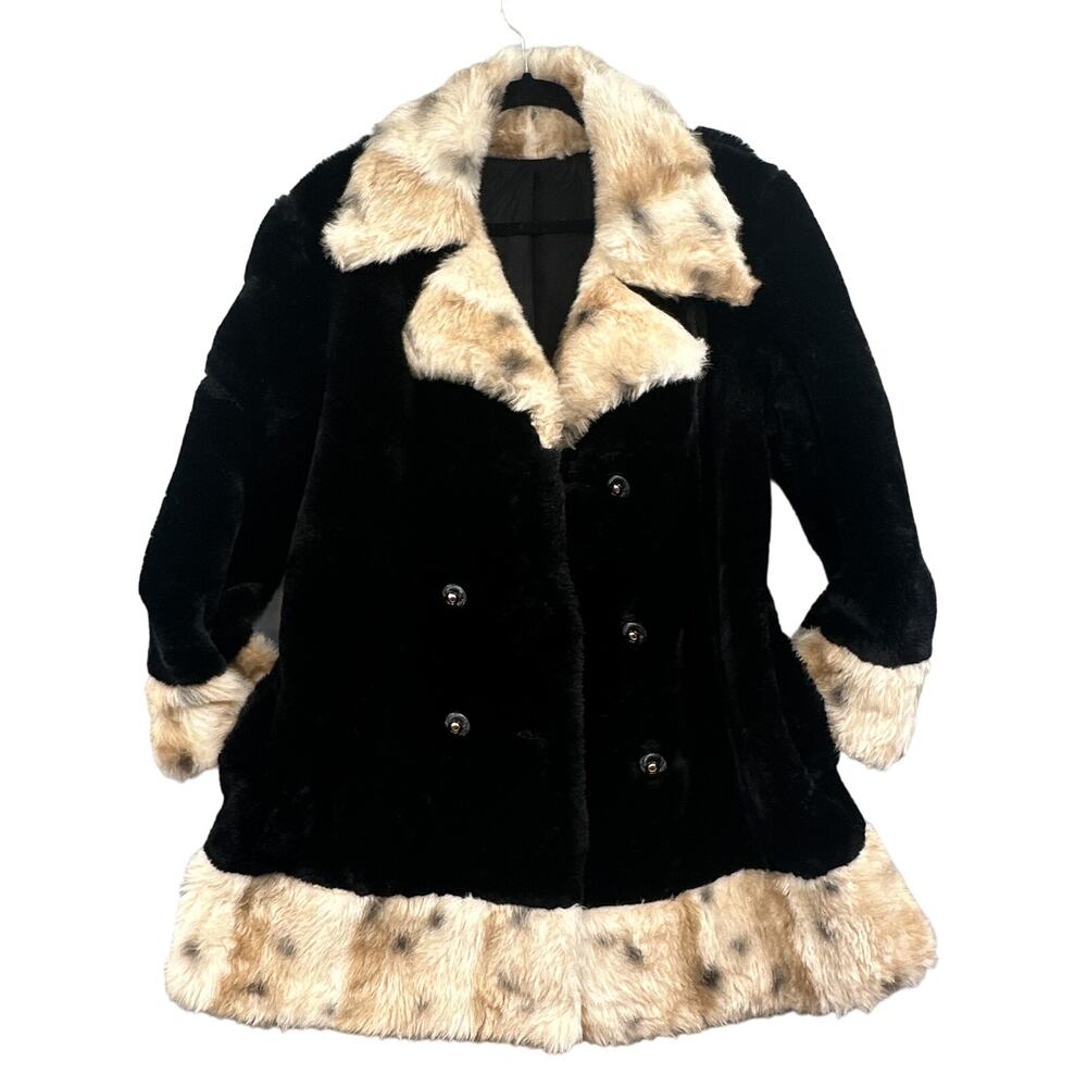 VTG 70s Penny Lane Coat M/L Faux Fur Leopard Boho Hippie USA Afghan Y2K Blk Glam